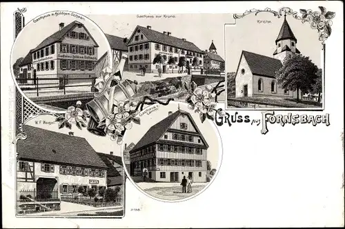 Litho Fornsbach Murrhardt in Württemberg, Gasthaus zum Goldnen Ochsen, zur Krone, zum Lamm