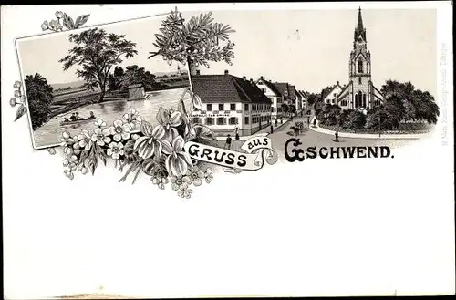 Litho Gschwend Ostalbkreis, Straßenpartie, Gasthaus zur Krone, Kirche