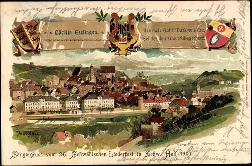 Wappen Litho Schwäbisch Hall in Baden Württemberg, 26. Schwäb. Liederfest 1901, Festplatz