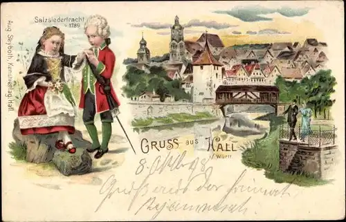 Litho Schwäbisch Hall in Württemberg, Salzsieder Tracht, Totalansicht