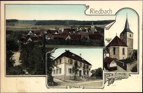 Ak Riedbach Bühler Obersontheim in Württemberg, Kirche, Schule, Totalansicht