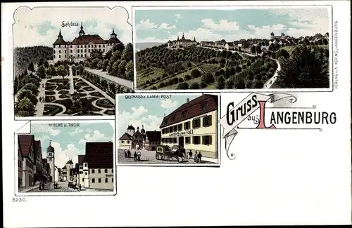 Litho Langenburg in Württemberg, Schloss, Gasthaus zum Lamm, Kirche, Tor, Totalansicht