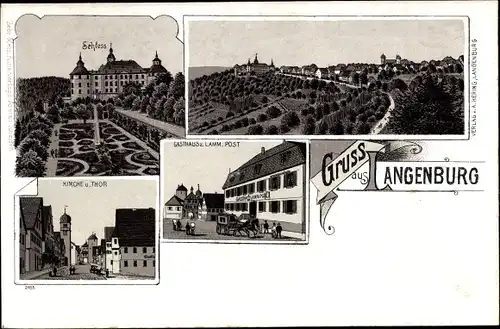 Litho Langenburg in Württemberg, Schloss, Gasthaus zum Lamm, Kirche, Tor, Totalansicht