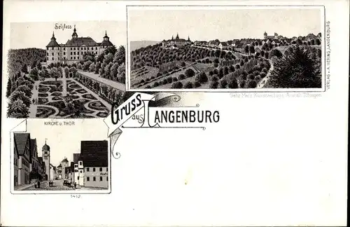 Litho Langenburg in Württemberg, Schloss, Kirche, Tor, Totalansicht