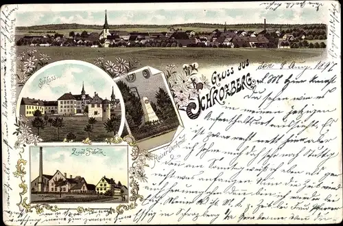 Litho Schrozberg Baden Württemberg, Kaiserdenkmal, Ziegelfabrik, Schloss, Totalansicht