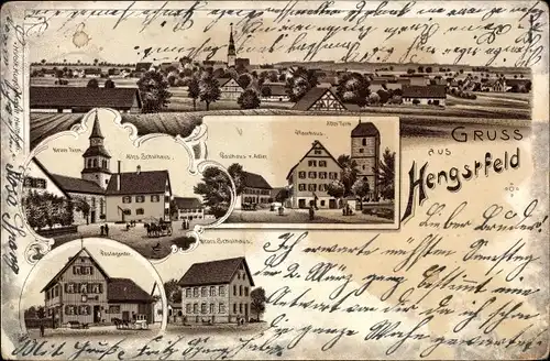 Litho Hengstfeld Wallhausen in Württemberg, Gasthaus, Schulhaus, Post, Pfarrhaus, Totalansicht