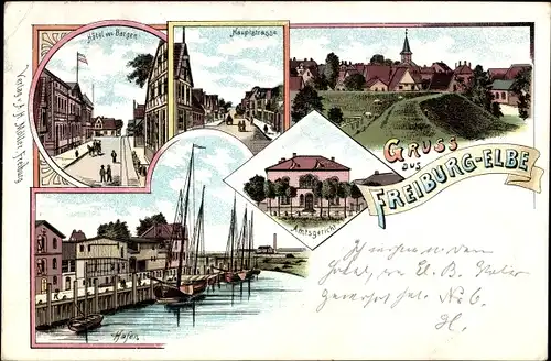 Litho Freiburg an der Elbe, Hotel von Bargen, Hauptstraße, Hafen, Amtsgericht