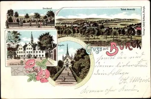 Litho Burgk Freital, Schloss Burgk, Kapelle, Denkmal, Totalansicht