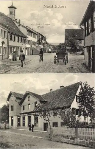 Ak Neuhütten Wüstenrot in Württemberg, Gasthof zur Sonne, Postamt, Straßenpartie