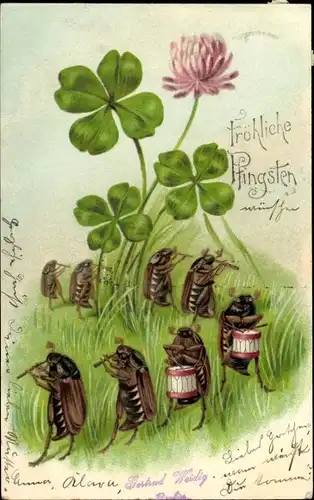 Litho Glückwunsch Pfingsten, Musizierende Maikäfer, Glücksklee