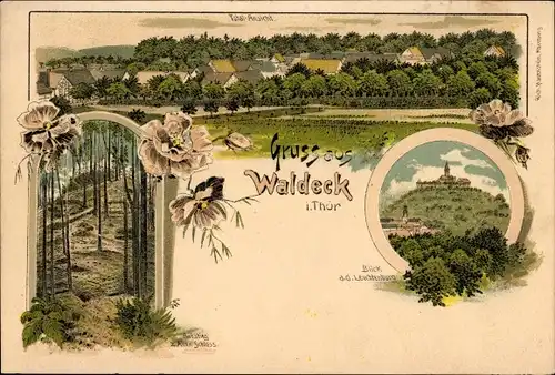 Litho Waldeck in Thüringen, Totalansicht, Lichtenburg, Blumen