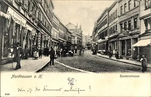 Ak Nordhausen in Thüringen, Rautenstraße, Geschäfte, Passanten