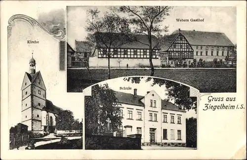 Ak Ziegelheim Nobitz Altenburger Land, Kirche, Schule, Webers Gasthof
