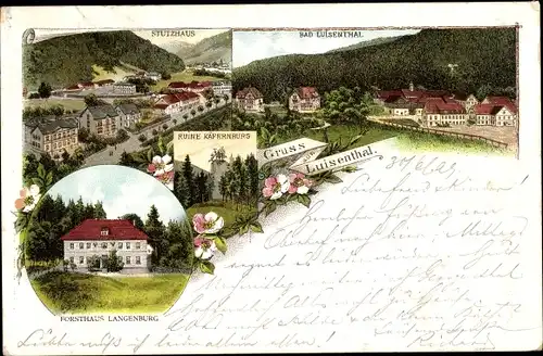 Litho Stutzhaus Luisenthal im Thüringer Wald, Forsthaus Langenburg, Ruine Käfernburg