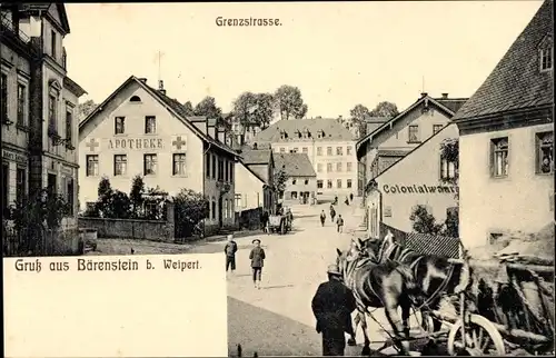 Ak Bärenstein Erzgebirge, Grenzstraße, Apotheke, Kolonialwaren-Geschäft