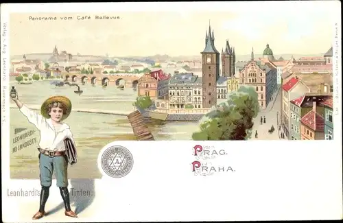Litho Praha Prag Tschechien, Panorama, Cafe Bellevue, Werbung, Leonhardis Tinten