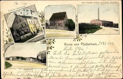 Ak Pfaffenhain Jahnsdorf im Erzgebirge, Haltestelle, Schulze's Restaurant, Fabrik von Otto Pötzsch