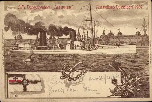 Litho Industrie- und Gewerbeausstellung Düsseldorf 1902, SM Depeschenboot Sleipner