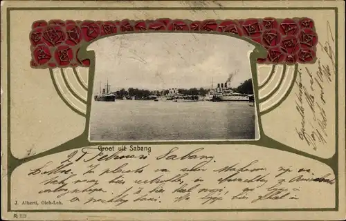 Jugendstil Passepartout Ak Sabang Indonesien, Dampfer, Wasserpartie