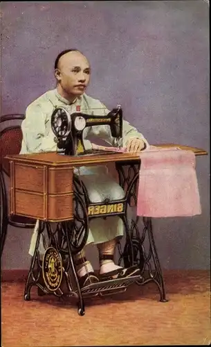 Ak Chinese mit Singer Nähmaschine, Reklame