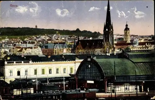 Ak Gera in Thüringen, Panorama, Kirche, Bahnhof