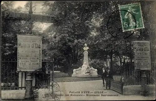 Ak Lille Nord, Sommerpalast, Rue Nationale, Desrousseaux-Denkmal