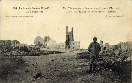 Ak Ville sur Tourbe Marne, Le Grande Guerre, Chef-lieu de canton entierement detruit