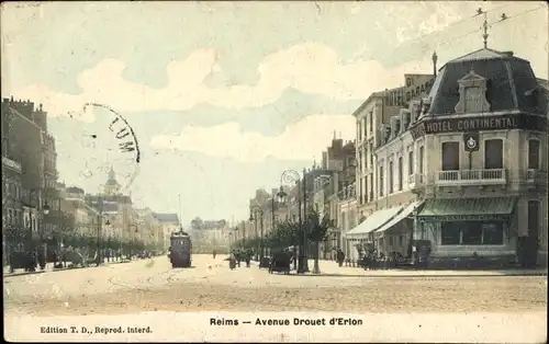 Ak Reims Marne, Avenue Drouet d'Erion, Hotel Continental, Straßenbahn