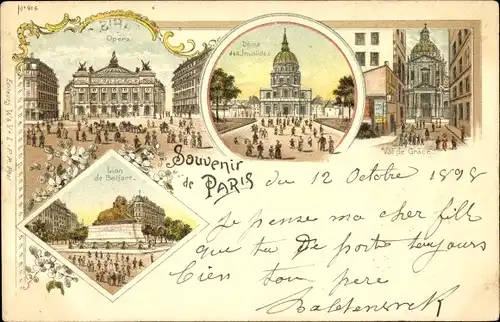 Litho Paris, Oper, Dome des Invalides, Löwe von Belfort