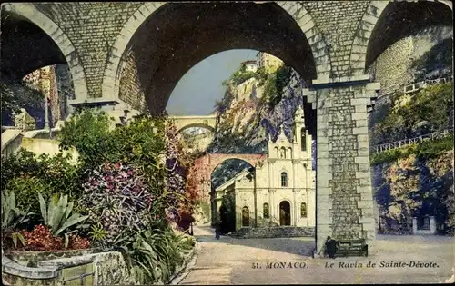 Ak Monaco, Le Ravin de Sainte Dévote, Viadukt, Kirche