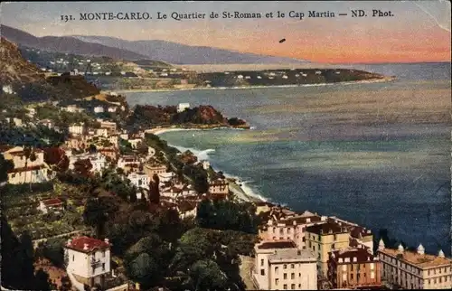 Ak Monte Carlo Monaco, Le Quartier de St. Roman et le Cap Martin