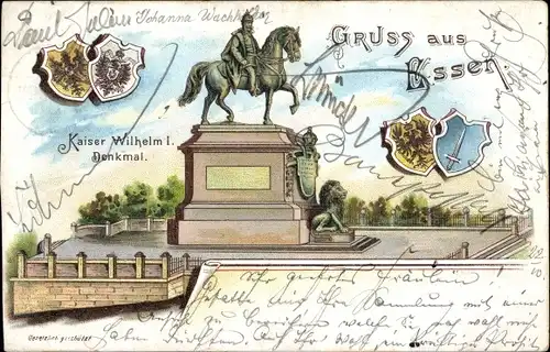 Litho Essen im Ruhrgebiet, Kaiser Wilhelm I. Denkmal, Wappen, Löwe