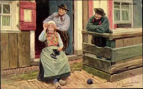 Künstler Ak Gerstenhauer, J. G., junge Frau und zwei Männer in niederländischer Tracht