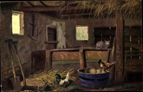 Künstler Ak Gerstenhauer, Johann Georg, niederländisches Motiv, Stall, Hühner, Katze