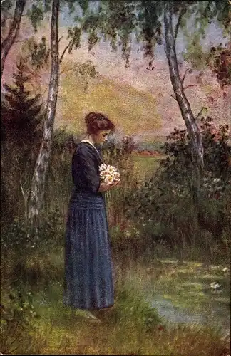 Künstler Ak Linschoten, Frau mit Blumen am Wasser