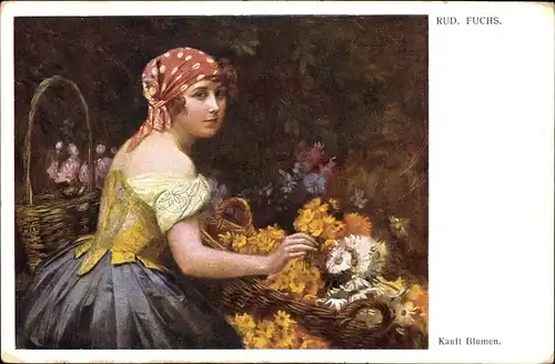 Künstler Ak Fuchs, Rud., Kauft Blumen, Blumenverkäuferin