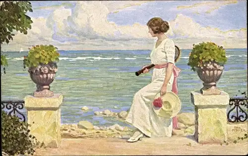 Künstler Ak Fischer, Paul, Erwartungsvoll, Dame mit Tennisschläger, Strand