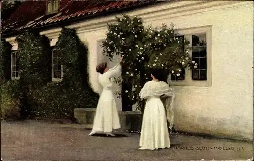 Künstler Ak Slott Moller, Harald, Weiße Rosen, zwei Damen