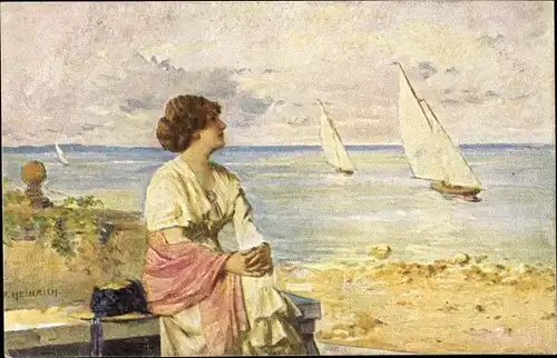 Künstler Ak Heinrich, F., Sehnsucht, Frau am Strand, Segelboote
