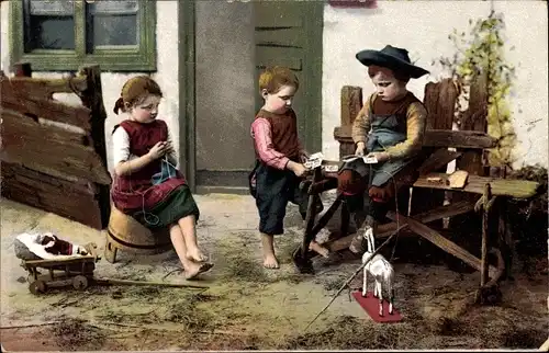 Ak Zwei Kinder spielen Karten, Holzpferd, Mädchen strickt, Puppe