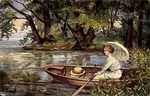 Künstler Ak Ernst, A., Ruhepause, Frau mit Sonnenschirm im Ruderboot