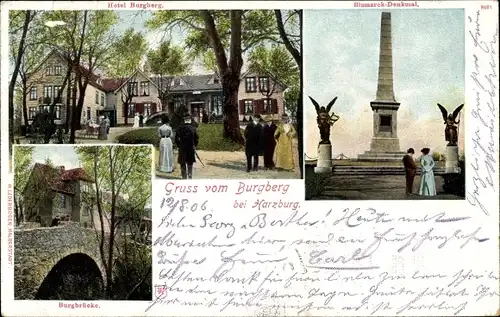 Ak Bad Harzburg am Harz, Burgberg, Hotel Burgberg, Burgbrücke, Bismarck-Denkmal