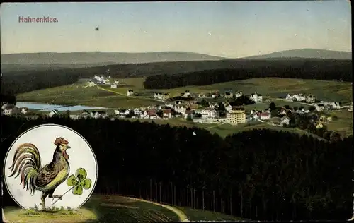 Ak Hahnenklee Bockswiese Goslar im Harz, Panorama, Hahn mit vierblättrigem Kleeblatt