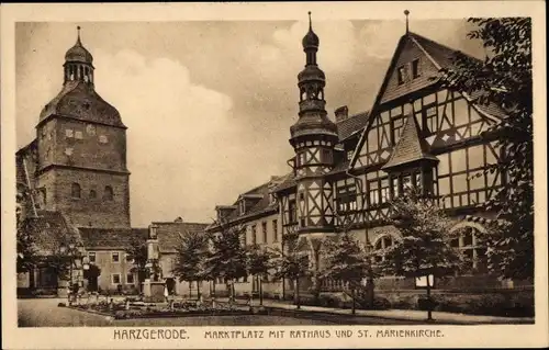 Ak Harzgerode im Harz, Marktplatz mit Rathaus und St. Marienkirche