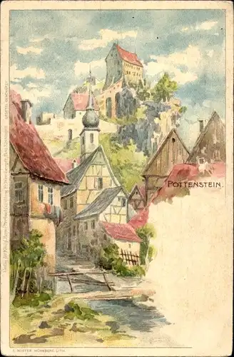 Litho Pottenstein im Kreis Bayreuth Oberfranken, Brücke, Fluss, Burg, Kirche