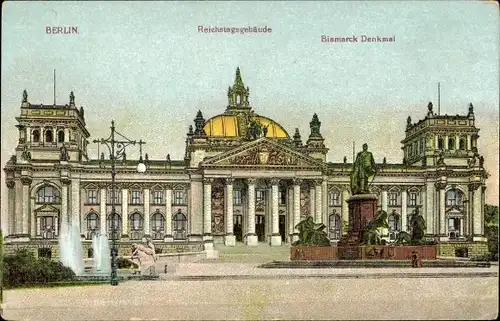 Ak Berlin Tiergarten, Bismarck-Denkmal, Reichstagsgebäude