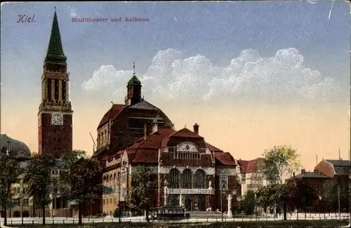 Ak Kiel in Schleswig Holstein, Stadttheater, Rathaus, Turmuhr, Straßenbahn