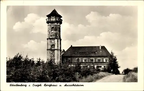 Ak Scheibenberg im Erzgebirge Sachsen, Berghaus und Aussichtsturm