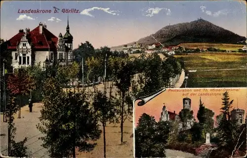 Ak Görlitz in der Lausitz, Teilansicht, Landeskrone, Restauration und Th. Körner Denkmal, Burg, Turm