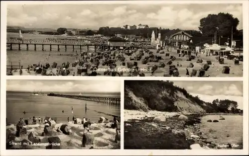 Ak Ostseebad Grömitz in Holstein, Strand, Landungsbrücke, Hohes Ufer